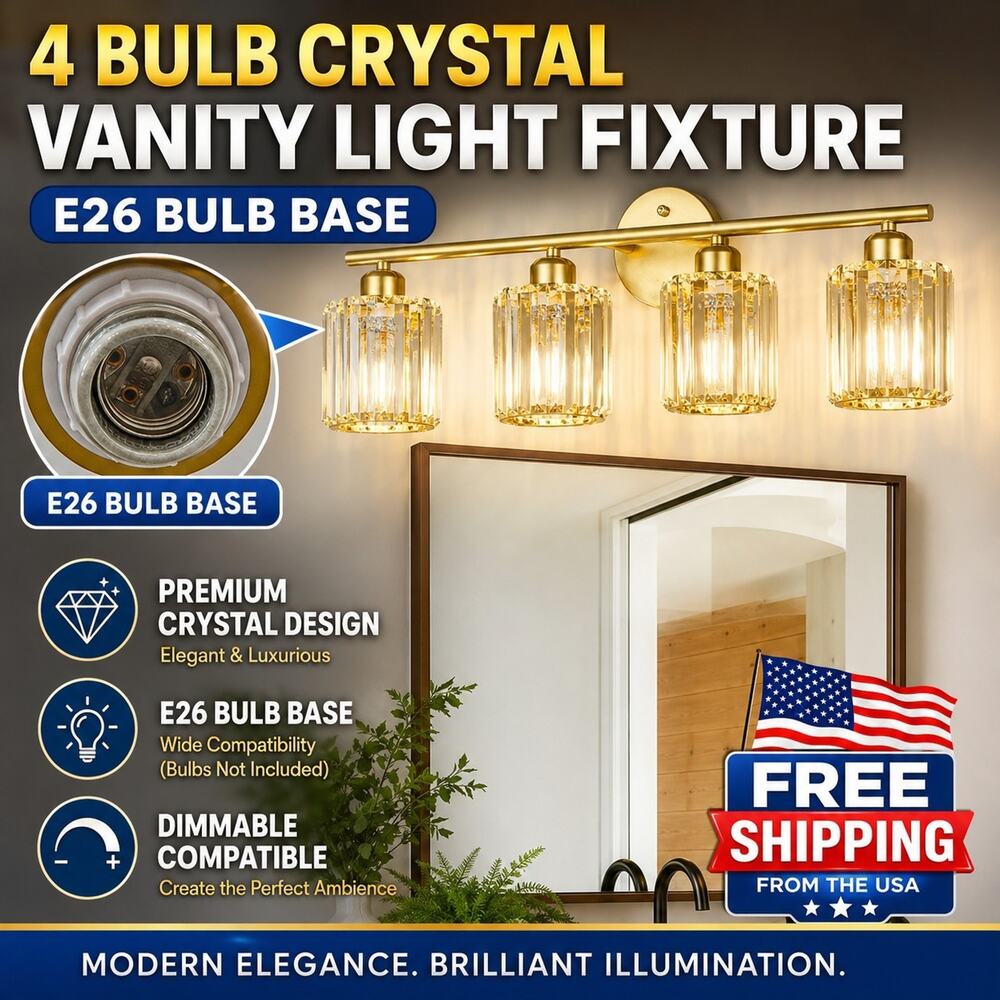Crystal Bathroom Vanity Light Fixture, Modern 4-Lights Over Mirror, Gold, E26